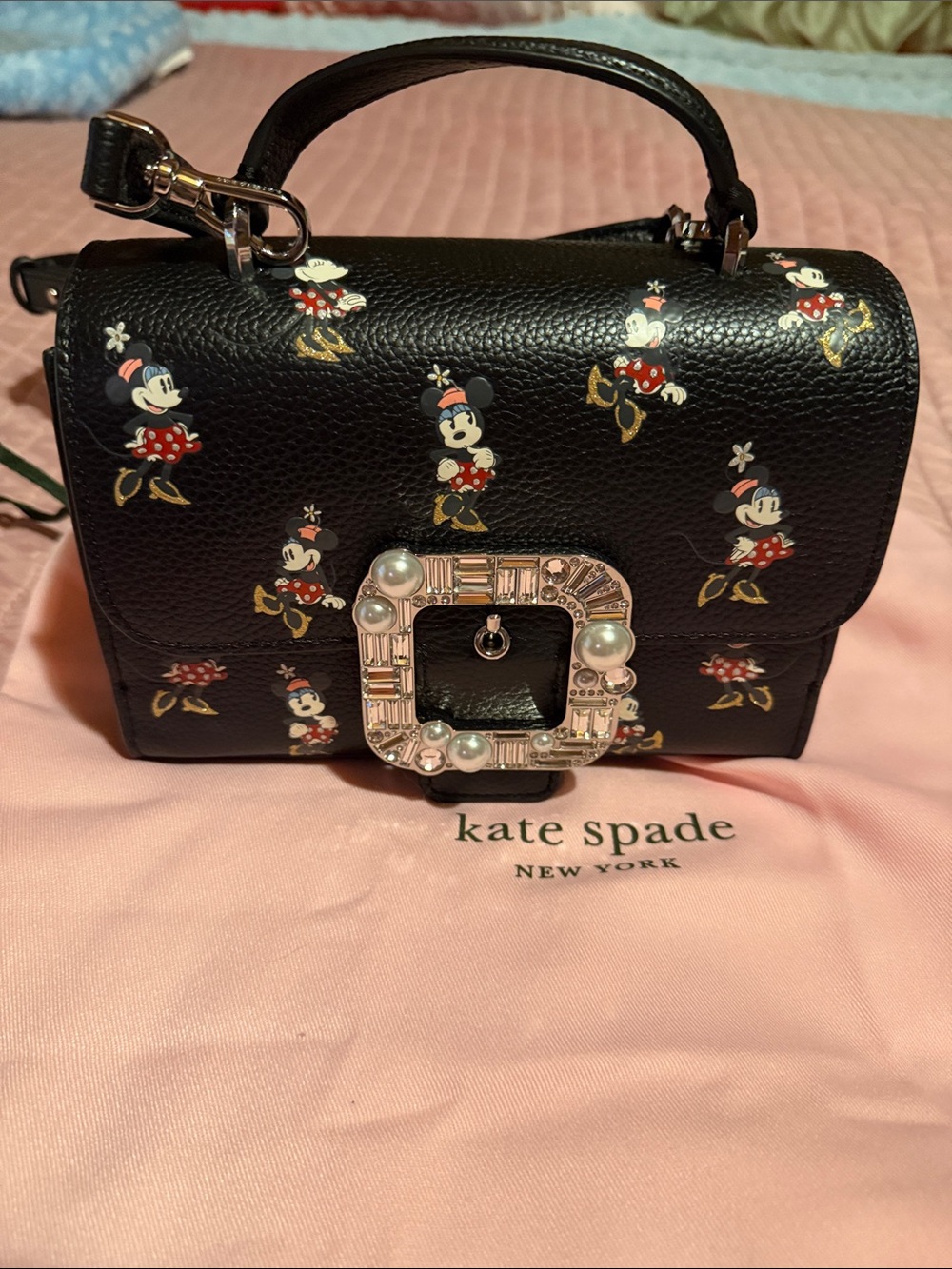 kate spade black Minnie Mouse Pearl-Embellished Mini Top-Handle Bag
